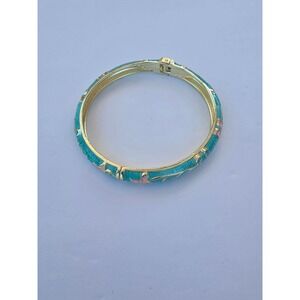 Vintage Turquoise Enamel Floral Hinged Bangle Bracelet Gold Tone Pink Flower